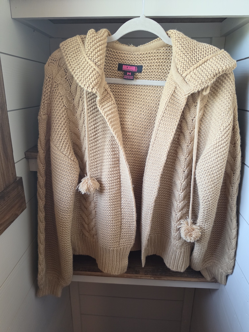 Rock & Roll Cowgirl Camel Beige Hooded Cable Knit Cardigan